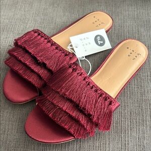 A New Day Solana Burgundy Satin Frindge Tassel Sandals 7.5 NWT